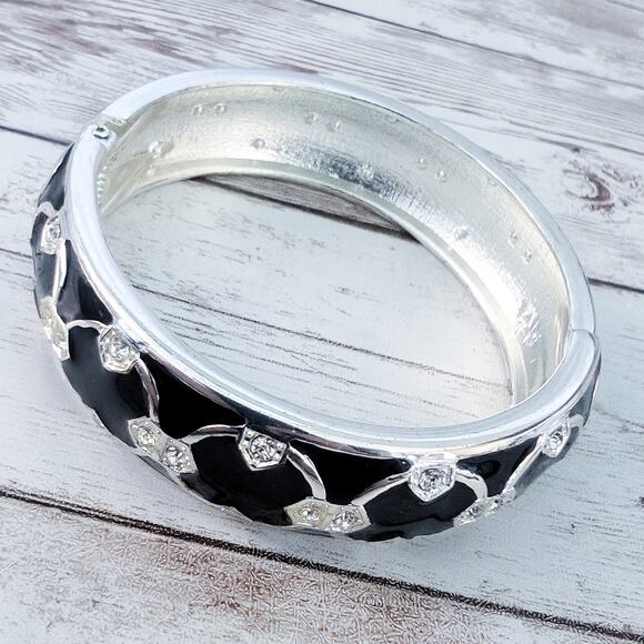 Vintage Hinged Bracelet Black & Silver Tone with Clear Gems - Picture 6 of 7